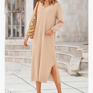 Chic Beige Long Sleeve V-Neck Dress M